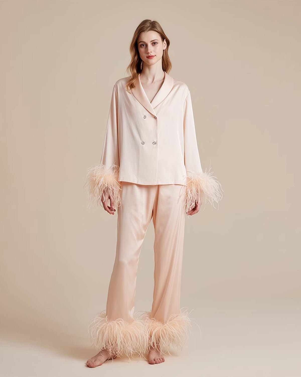 FEELITS 100% Mulberry Silk Pajama Set with Detachable Feathers - Long Sleeve & Pants - Elegant Crystal Button Detail, Soft & Breathable - FEELITS