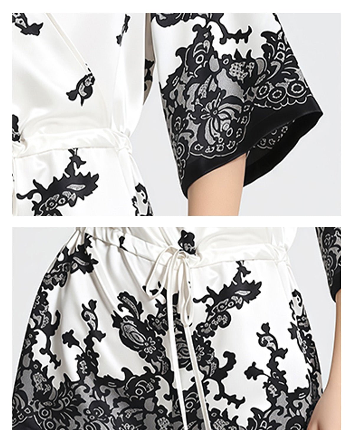 FEELITS 100% Mulberry Silk Printed Pajama Jumpsuit - Lace Detail, 16mm Silk with Black Lace Design - Short Sleeve Sleepwear Set - Elegant & Comfortable - FEELITS