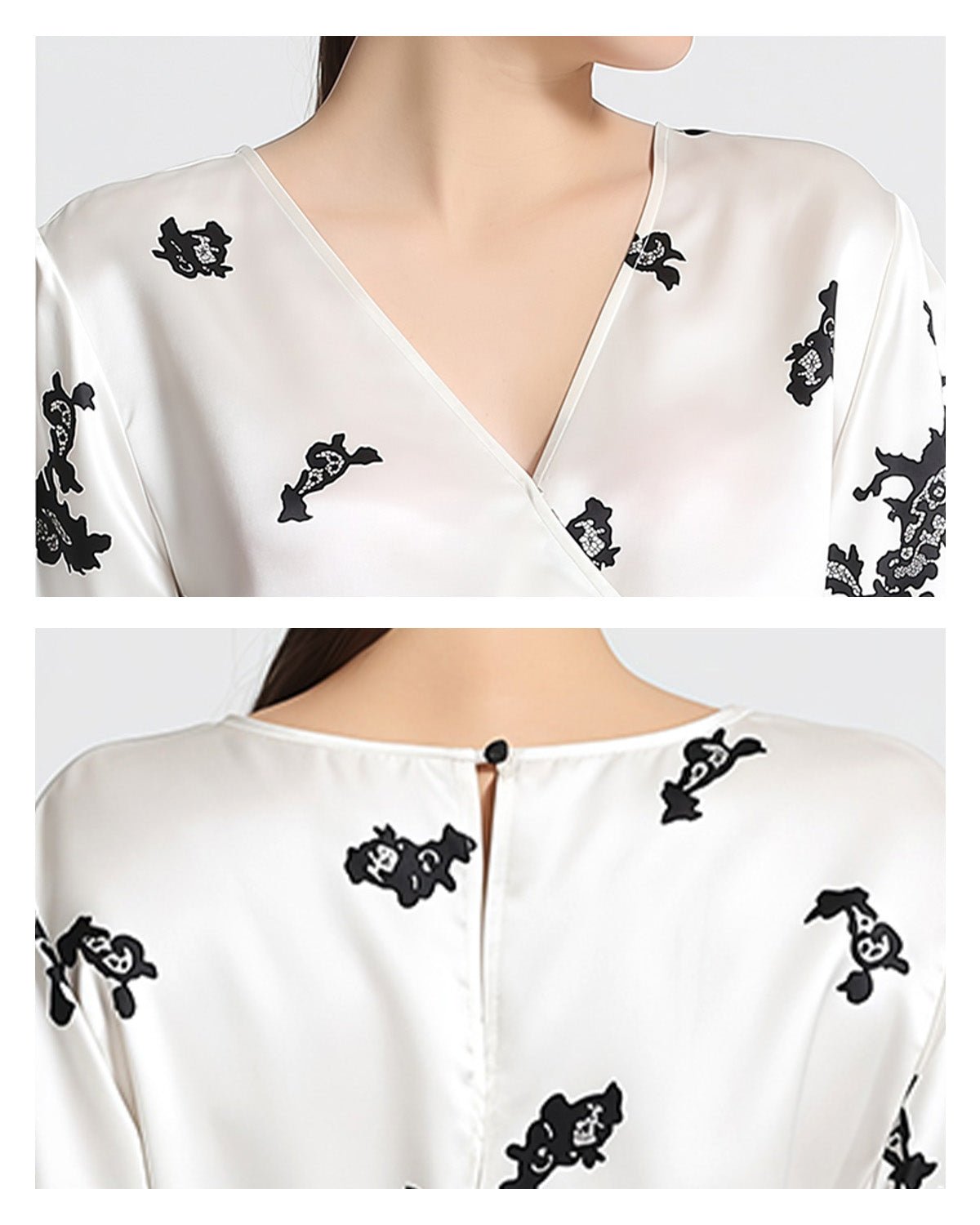 FEELITS 100% Mulberry Silk Printed Pajama Jumpsuit - Lace Detail, 16mm Silk with Black Lace Design - Short Sleeve Sleepwear Set - Elegant & Comfortable - FEELITS