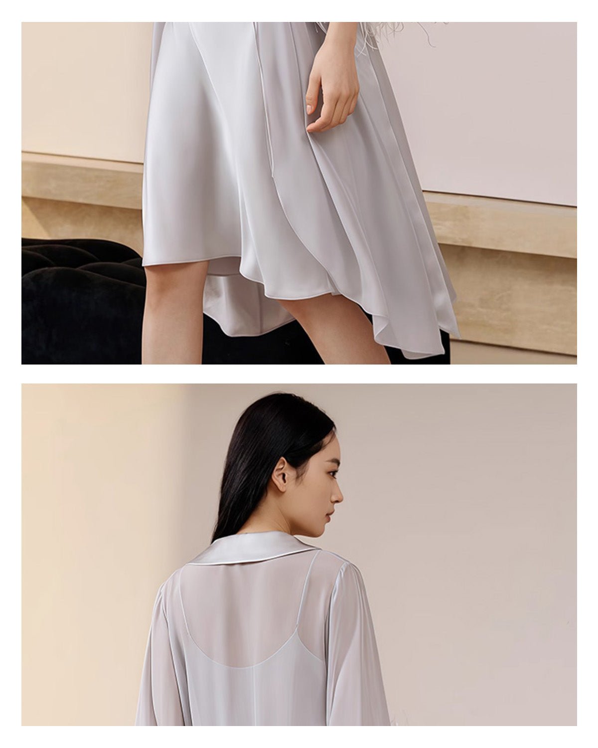 FEELITS 100% Mulberry Silk Robe - Luxurious and Lightweight with Detachable Ostrich Feather Details - Perfect for Parties, Brides, or Loungewear - Elegant Curved Water Sleeves - FEELITS