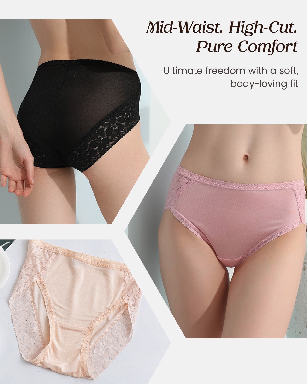 FEELITS 100% Mulberry Silk Underwear, Mid - Rise Lace Hipster Silk Panties for Women, Ultra Soft, Breathable & Quick - Dry - FEELITS