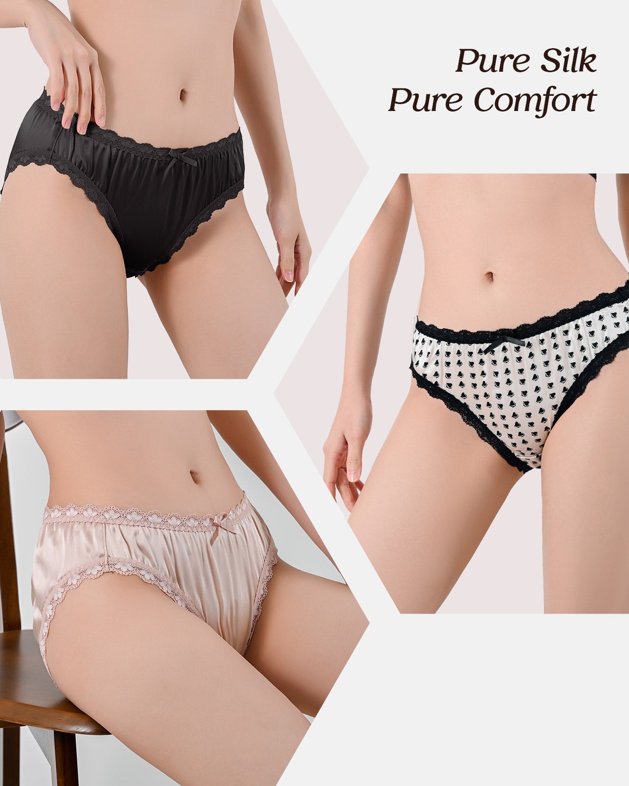 FEELITS 100% Mulberry Silk Underwear, Silk Satin Mid Rise Bikini Panties, Cute Sexy Shiny Panties for Women - FEELITS