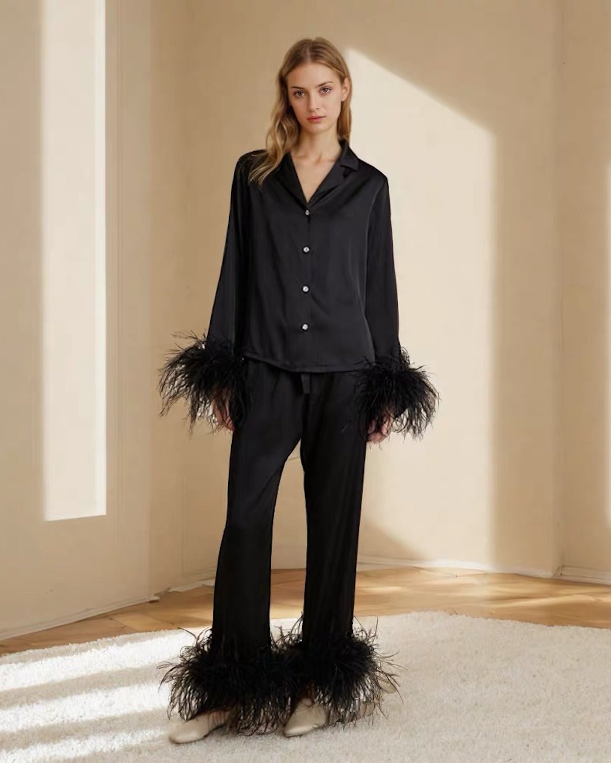 FEELITS 100% Silk Pajama Set with Detachable Ostrich Feather Trim | Bridal Party & Luxe Loungewear - FEELITS