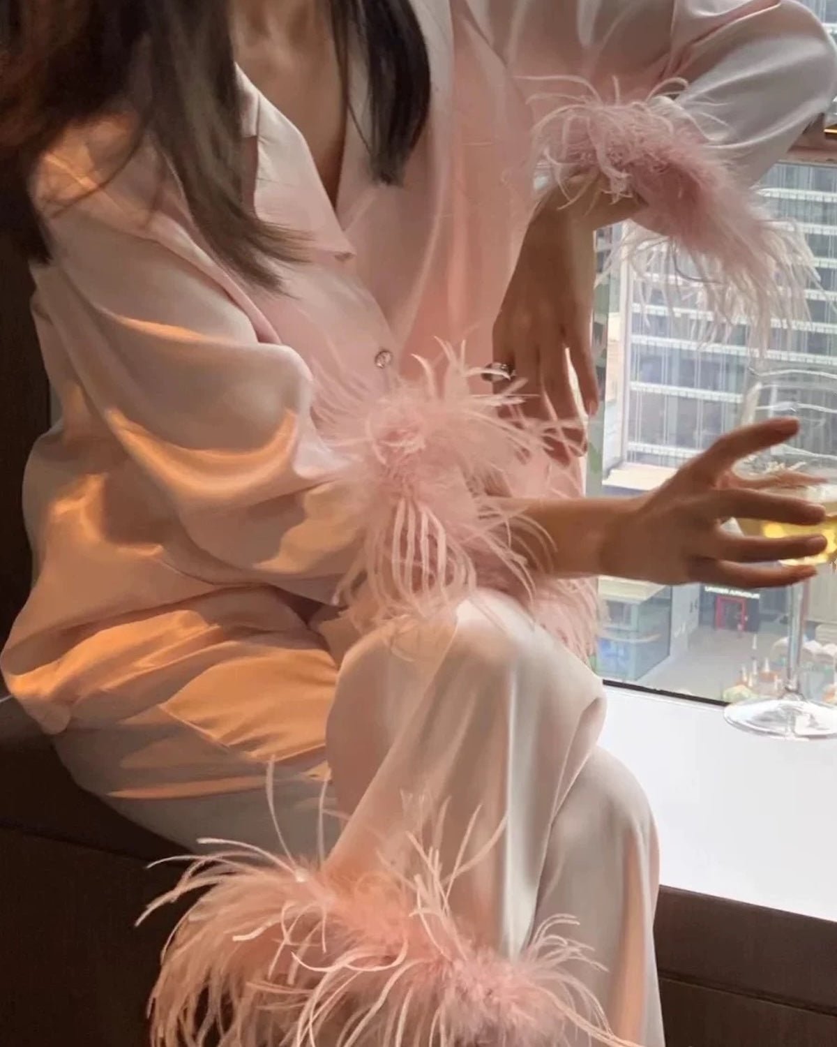 FEELITS 100% Silk Pajama Set with Detachable Ostrich Feather Trim | Bridal Party & Luxe Loungewear - FEELITS