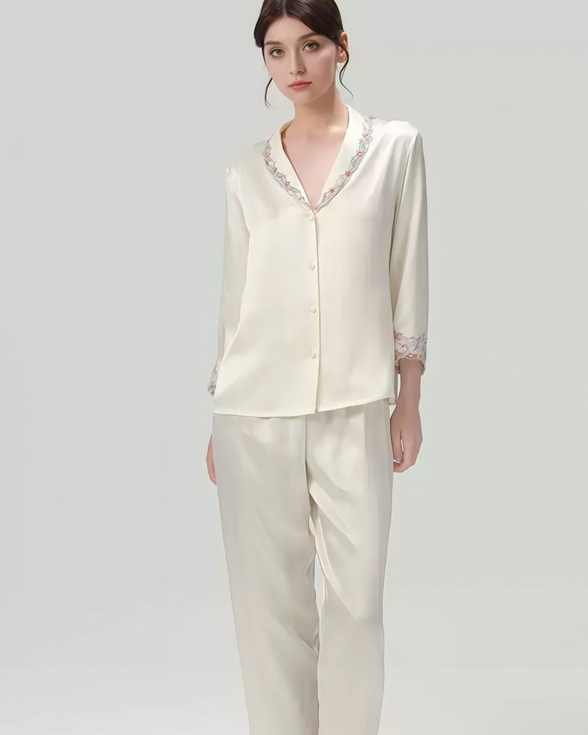 FEELITS 22mm 100% Mulberry Silk Pajama Set - 6A Grade, Long Sleeve & Pants with French Lace Design - V - Neck & Classic Lapel, Luxurious Loungewear - FEELITS