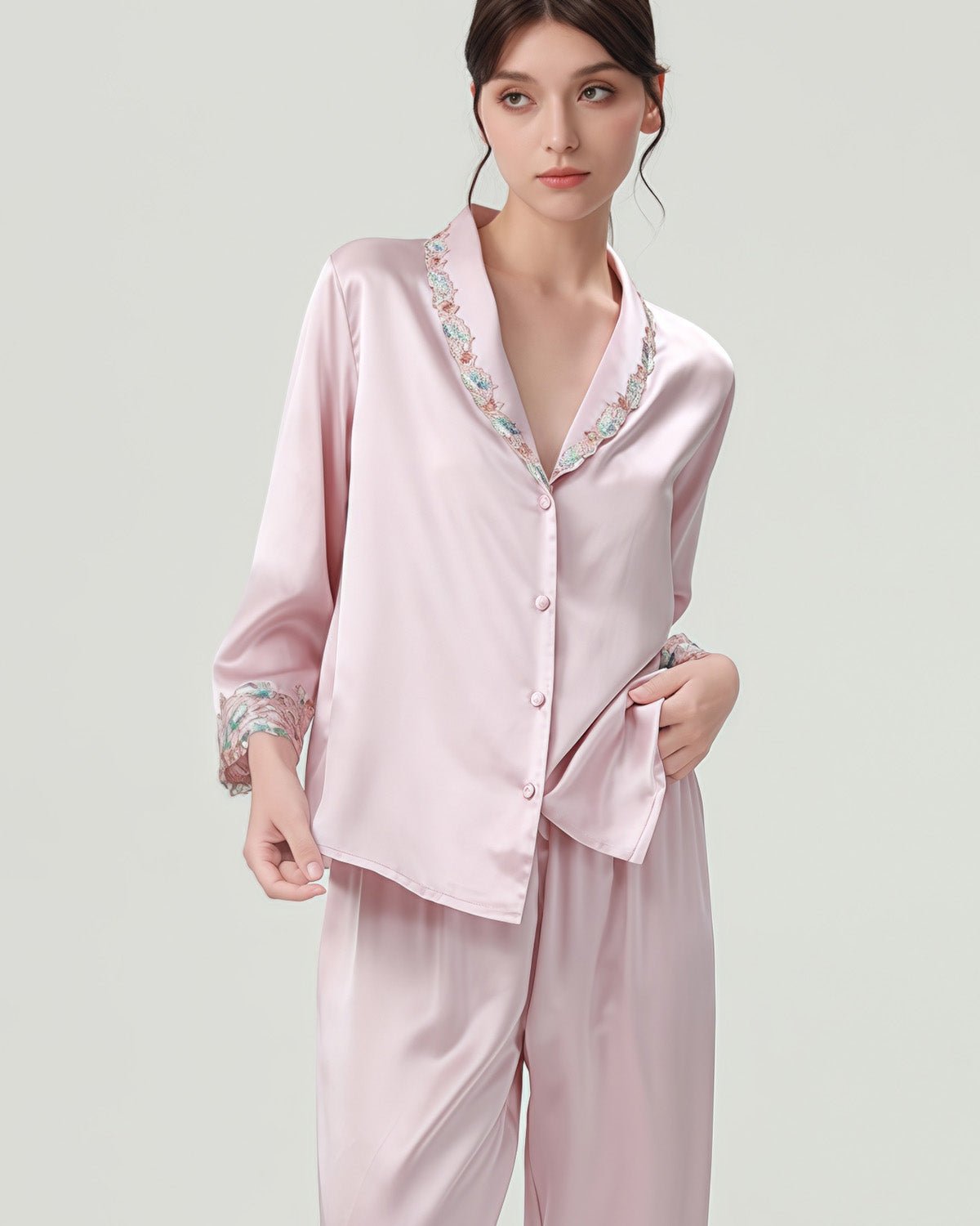 FEELITS 22mm 100% Mulberry Silk Pajama Set - 6A Grade, Long Sleeve & Pants with French Lace Design - V - Neck & Classic Lapel, Luxurious Loungewear - FEELITS