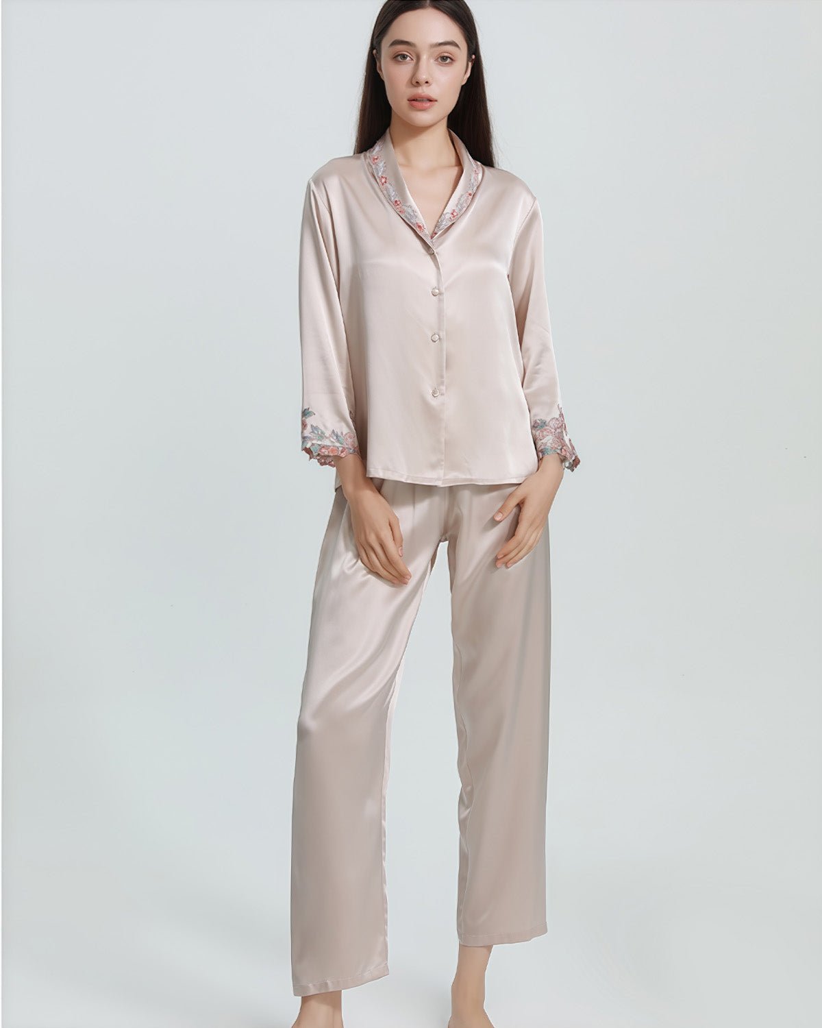 FEELITS 22mm 100% Mulberry Silk Pajama Set - 6A Grade, Long Sleeve & Pants with French Lace Design - V - Neck & Classic Lapel, Luxurious Loungewear - FEELITS