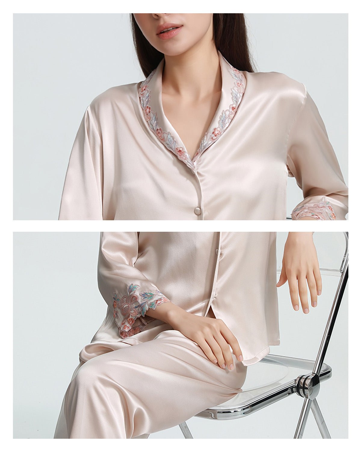 FEELITS 22mm 100% Mulberry Silk Pajama Set - 6A Grade, Long Sleeve & Pants with French Lace Design - V - Neck & Classic Lapel, Luxurious Loungewear - FEELITS