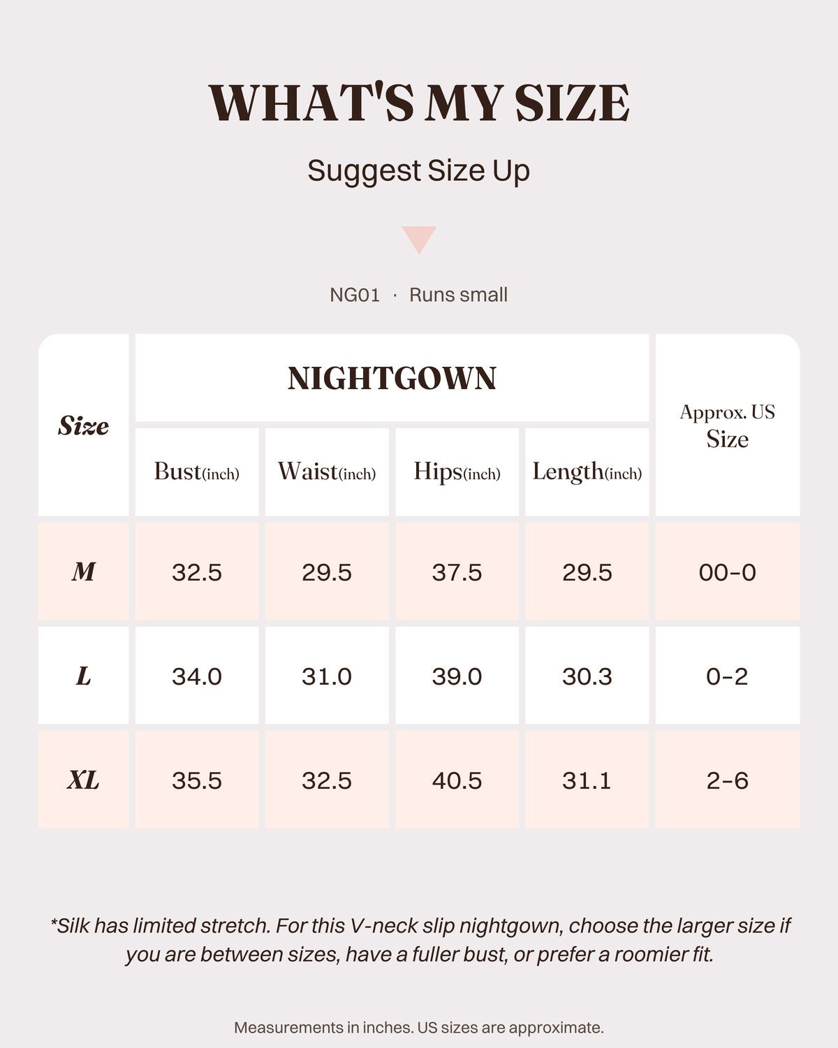 FEELITS NG01 updated size chart with bust, waist, hips and length in inches