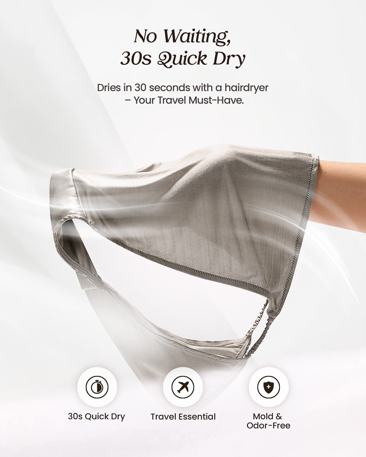 Quick-dry display of FEELITS satin string bikini silk panties, dries in 30 seconds with hair dryer, breathable and lightweight fabric