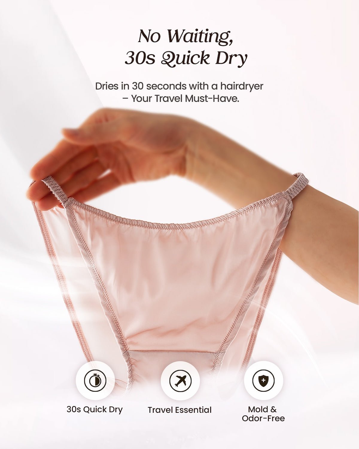 Quick-dry display of FEELITS satin string bikini silk panties, dries in 30 seconds with hair dryer, breathable and lightweight fabric
