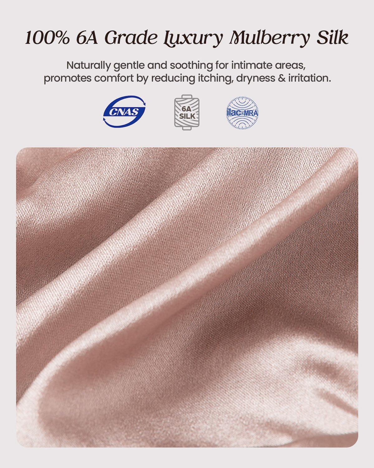 Close-up of FEELITS women’s satin string bikini silk panties, 100% 6A Grade mulberry silk fabric detail, smooth and soft texture