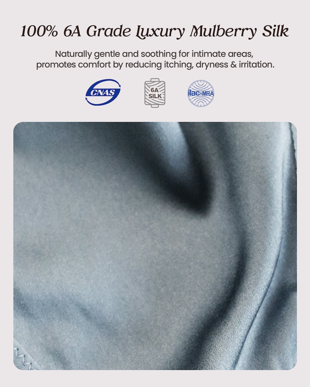 Close-up detail of 6A grade mulberry silk fabric on Feelits hipster bikini panties – ultra-soft, smooth texture, premium natural sheen