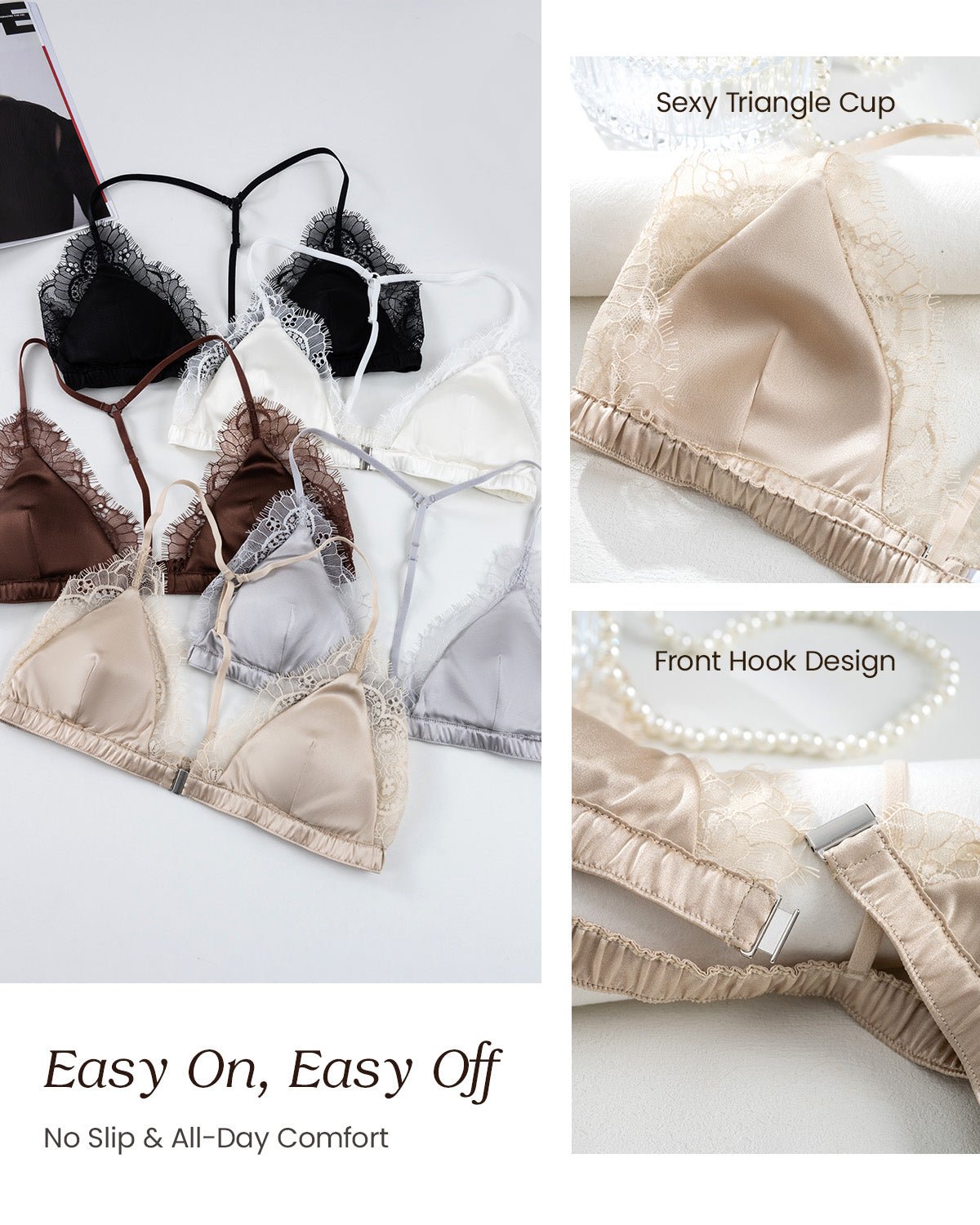 FEELITS BRA11 22 Momme Mulberry Silk Triangle Bralette – Front Closure, Wire-Free Y-Back Bra - FEELITS