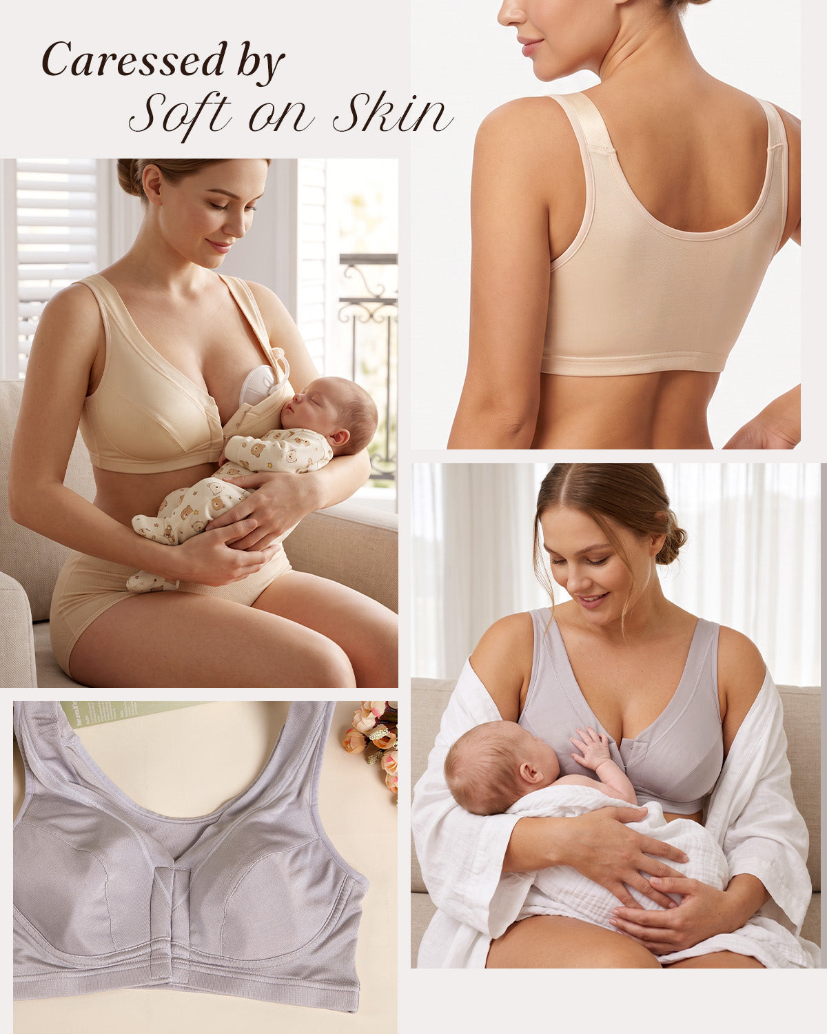 FEELITS BRA19 mulberry silk nursing bra - nursing and product-view collage in both colors