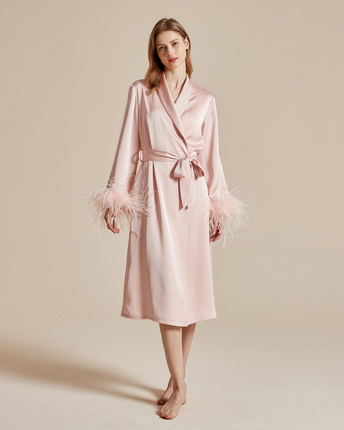 FEELITS French - Inspired 100% Mulberry Silk Long Robe - Detachable Feather Detail - Wedding Morning Robe for Brides - Luxurious Silk, Perfect for Bridal Loungewear - FEELITS