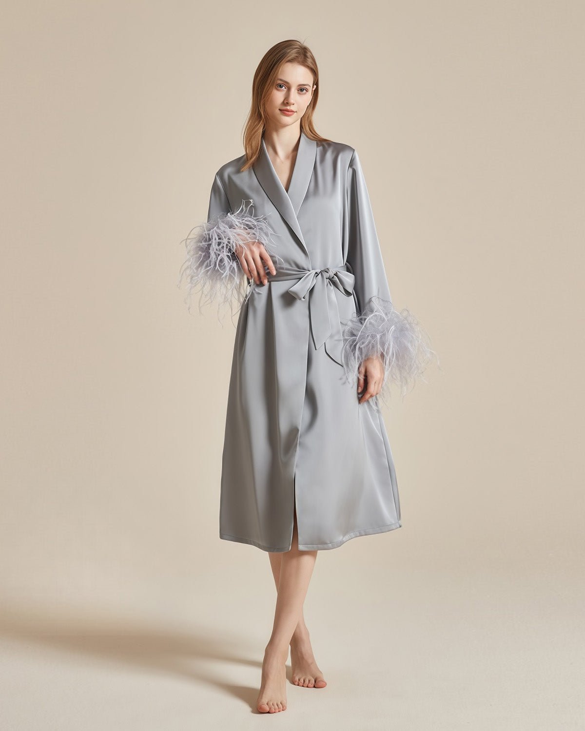 FEELITS French - Inspired 100% Mulberry Silk Long Robe - Detachable Feather Detail - Wedding Morning Robe for Brides - Luxurious Silk, Perfect for Bridal Loungewear - FEELITS