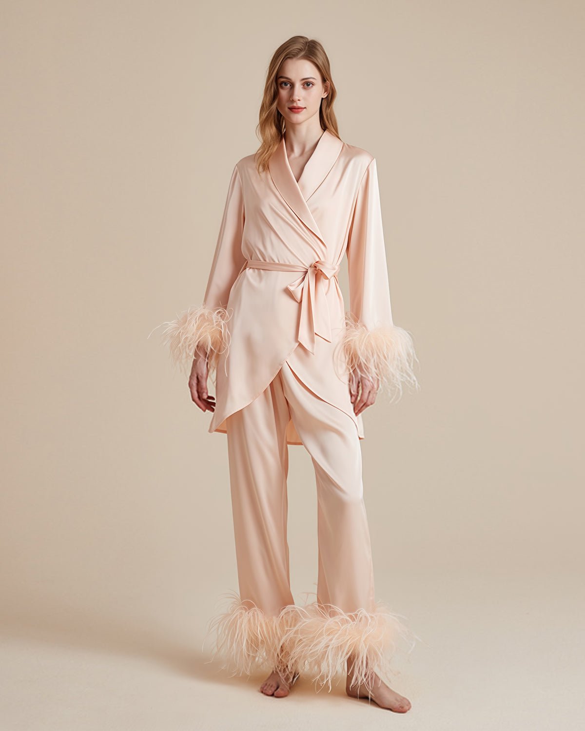 FEELITS French - Inspired 100% Mulberry Silk Pajama Set - Includes Camisole, Sleep Pants, and Short Robe - Detachable Feathers & Waist Tie Design - V - Neck - FEELITS
