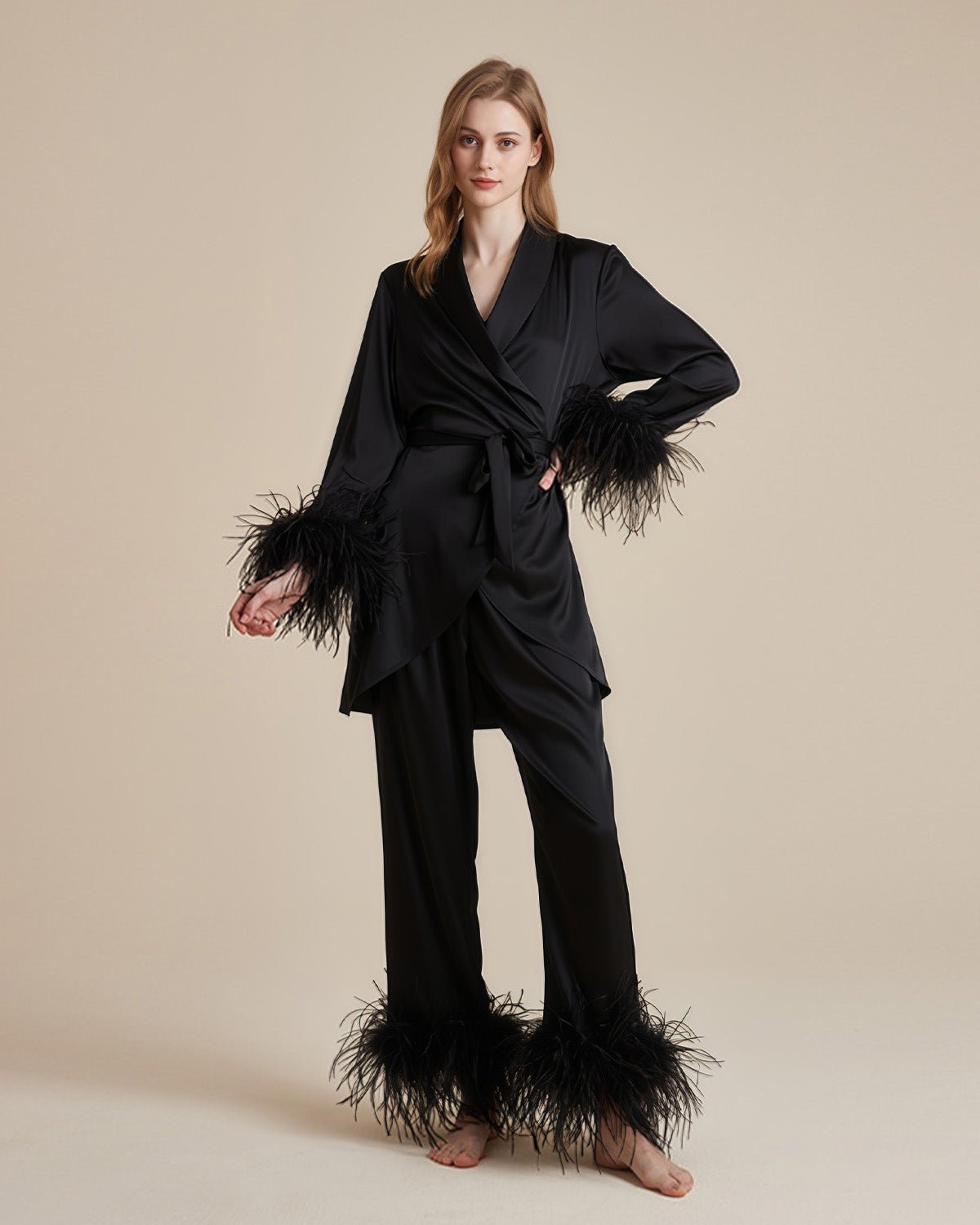 FEELITS French - Inspired 100% Mulberry Silk Pajama Set - Includes Camisole, Sleep Pants, and Short Robe - Detachable Feathers & Waist Tie Design - V - Neck - FEELITS