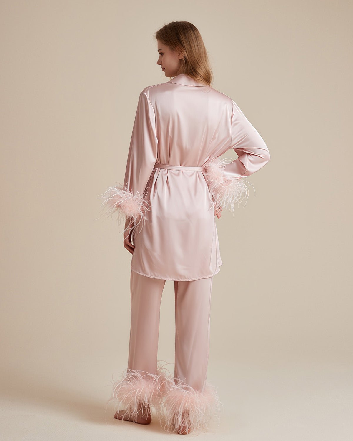 FEELITS French - Inspired 100% Mulberry Silk Pajama Set - Includes Camisole, Sleep Pants, and Short Robe - Detachable Feathers & Waist Tie Design - V - Neck - FEELITS