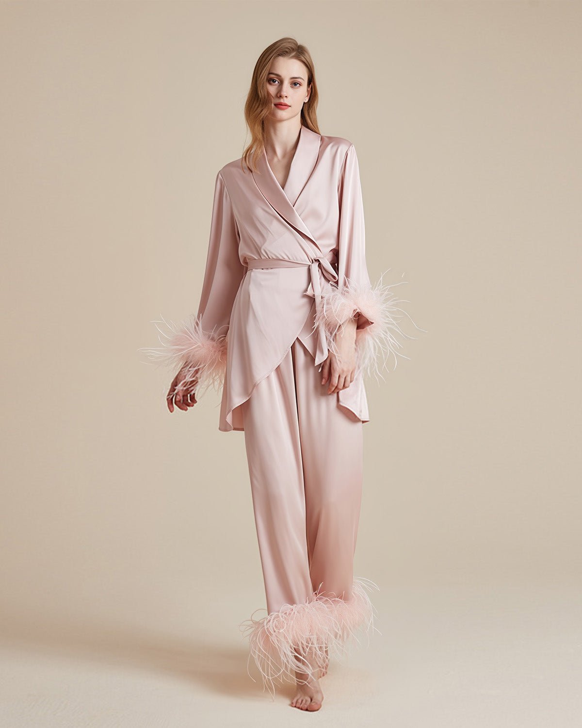 FEELITS French - Inspired 100% Mulberry Silk Pajama Set - Includes Camisole, Sleep Pants, and Short Robe - Detachable Feathers & Waist Tie Design - V - Neck - FEELITS