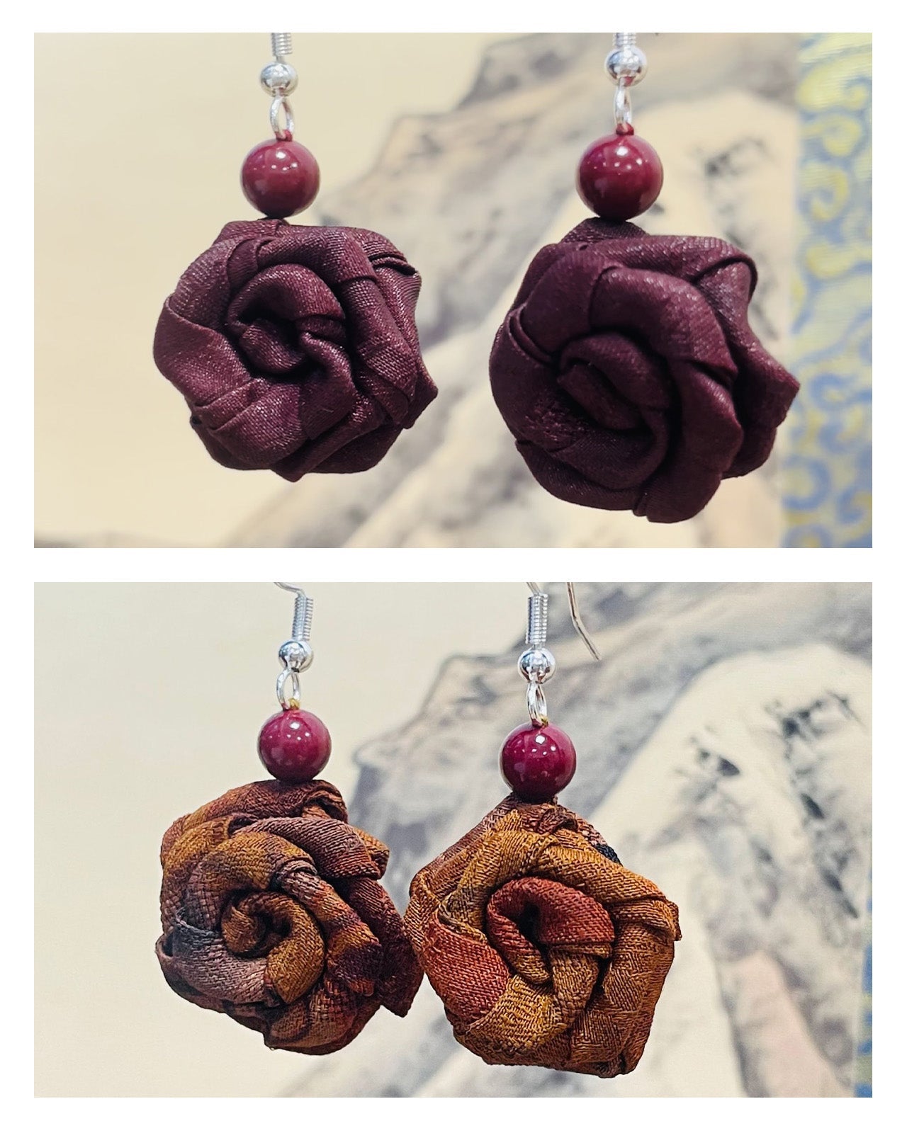 Feelits Handcrafted Gambiered Canton Silk Rose Earrings - FEELITS