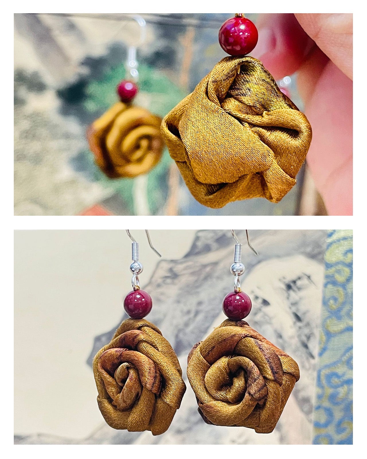 Feelits Handcrafted Gambiered Canton Silk Rose Earrings - FEELITS