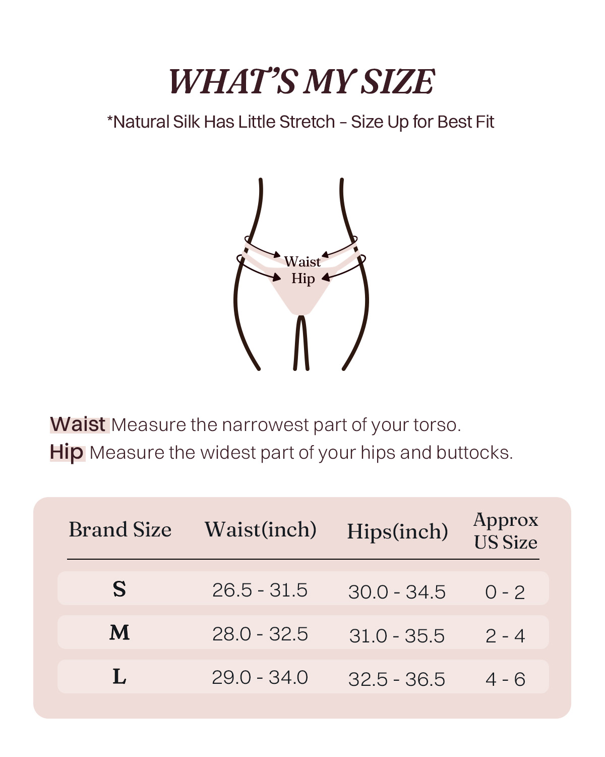 FEELITS KN32 crossover mulberry silk bikini panties - S M L waist hip and approximate US size chart in inches