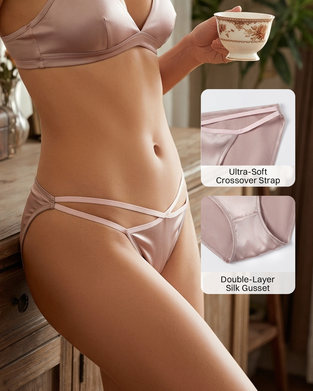 FEELITS KN32 Women’s Mulberry Silk Bikini Panties – Ultra Soft, Criss-Cross