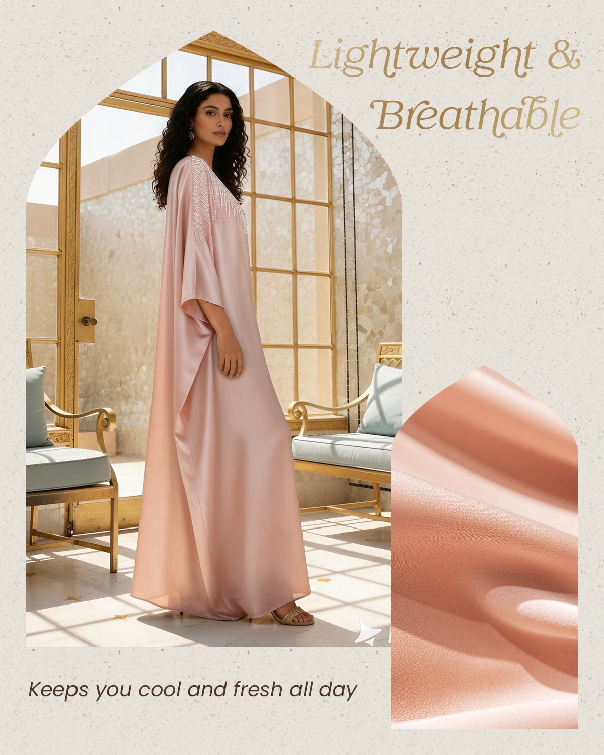 FEELITS MSL01 LumiFlow Embroidered Jalabiya – Satin Kaftan for Ramadan & Eid - FEELITS