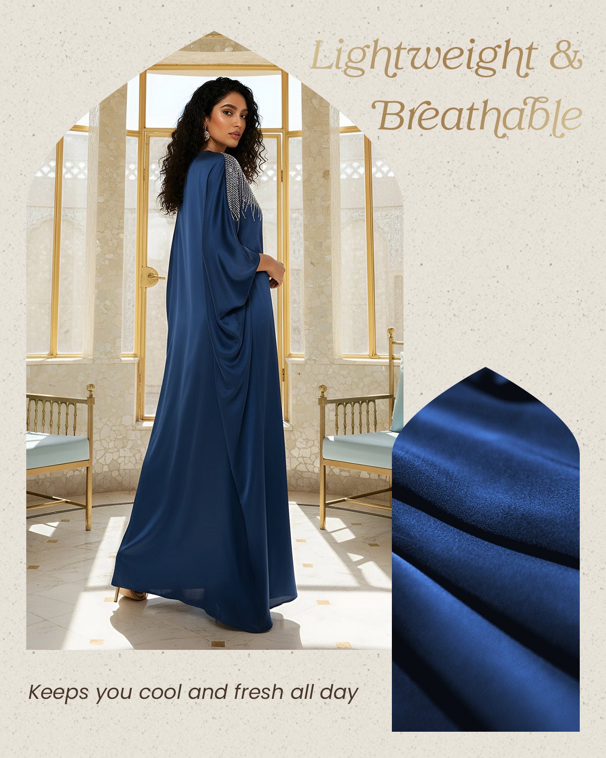 FEELITS MSL01 LumiFlow Embroidered Jalabiya – Satin Kaftan for Ramadan & Eid - FEELITS