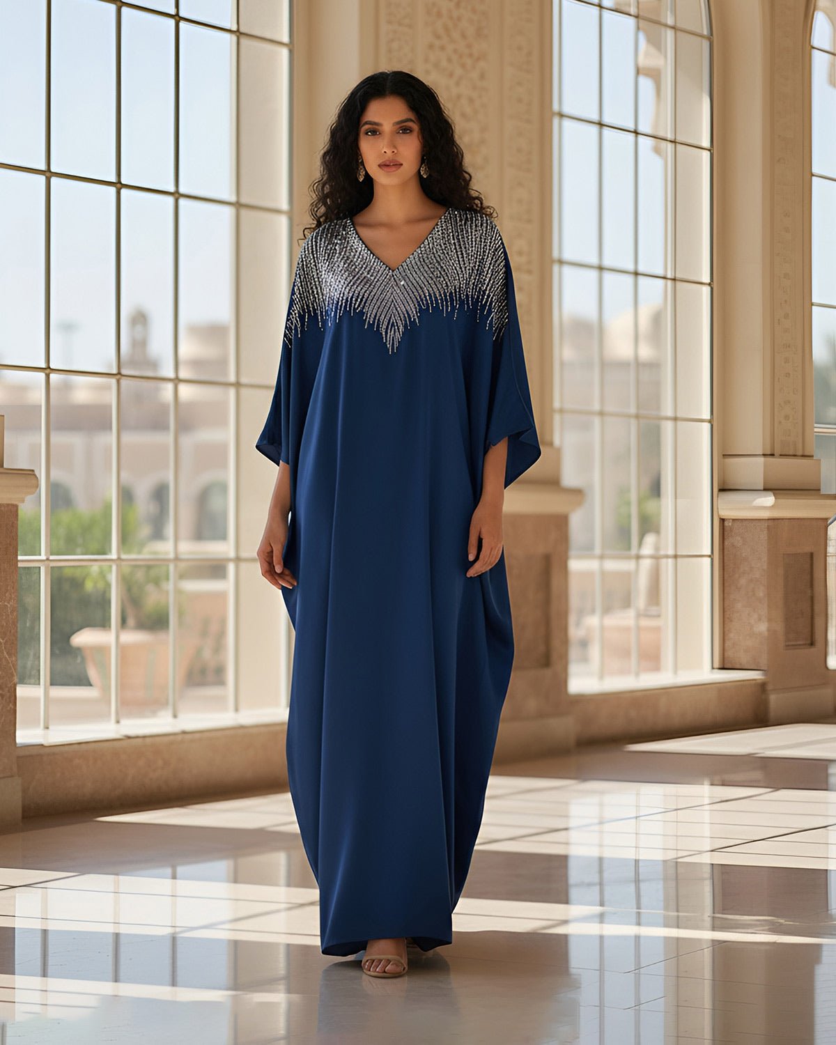 FEELITS MSL01 LumiFlow Embroidered Jalabiya – Satin Kaftan for Ramadan & Eid - FEELITS
