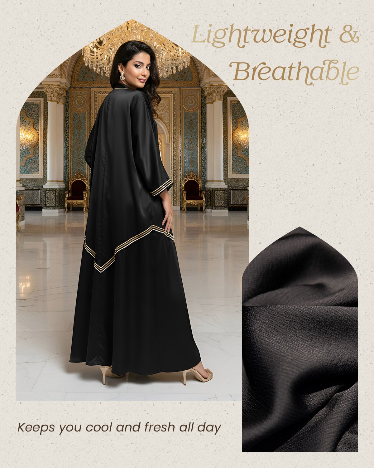 FEELITS MSL05 LumiFlow Open Front Abaya – Shimmering Satin Evening Abaya - FEELITS