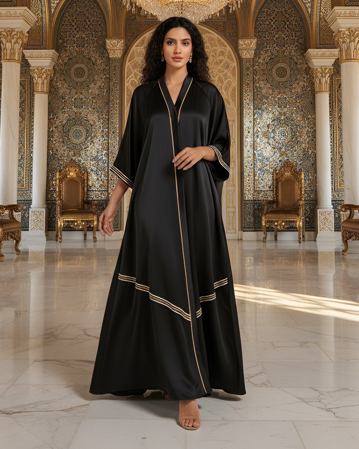 FEELITS MSL05 LumiFlow Open Front Abaya – Shimmering Satin Evening Abaya - FEELITS