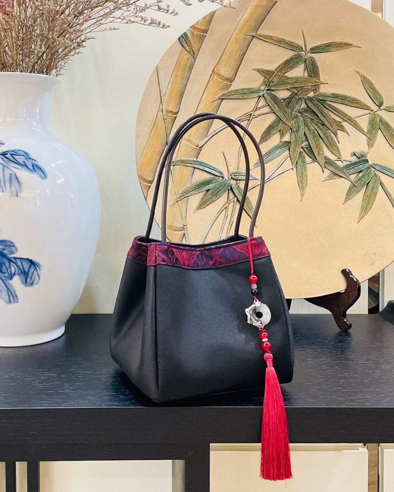 Feelits Luxury Gambiered Canton Silk (Xiangyunsha) Top - Handle Cube Bag - FEELITS