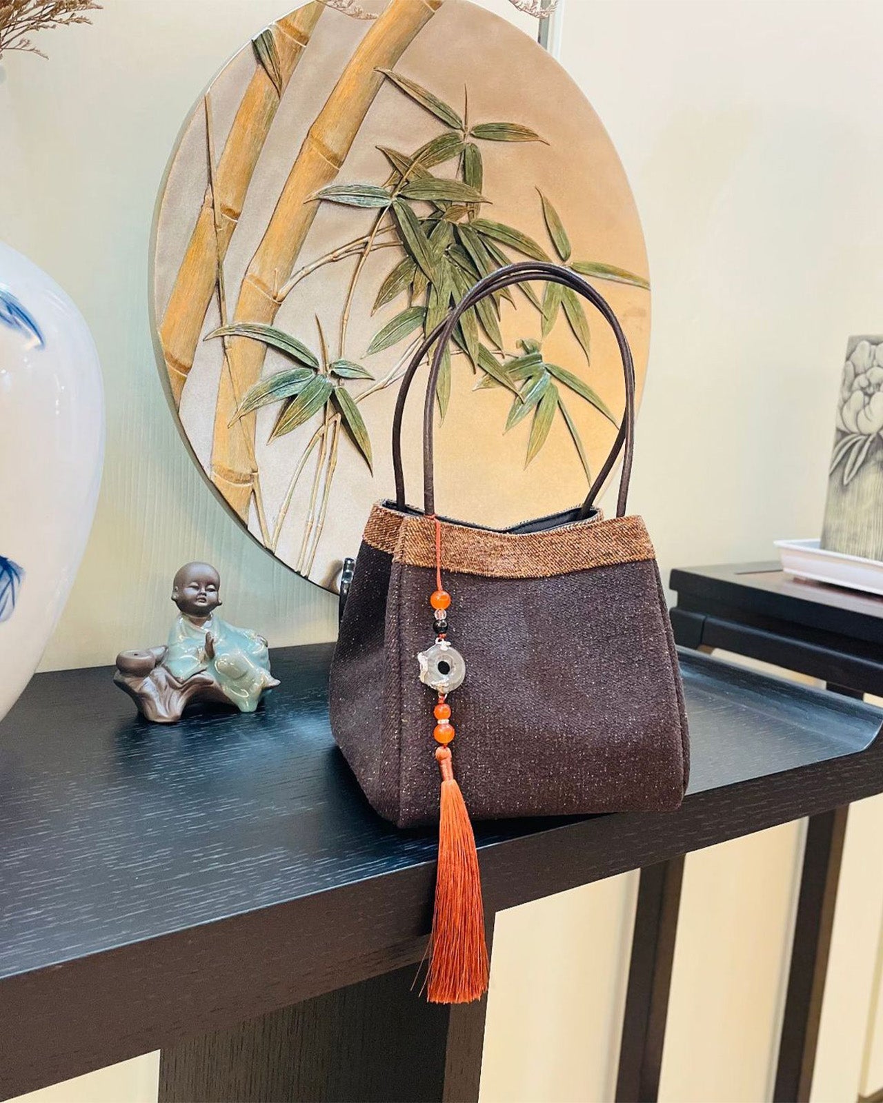 Feelits Luxury Gambiered Canton Silk (Xiangyunsha) Top - Handle Cube Bag - FEELITS