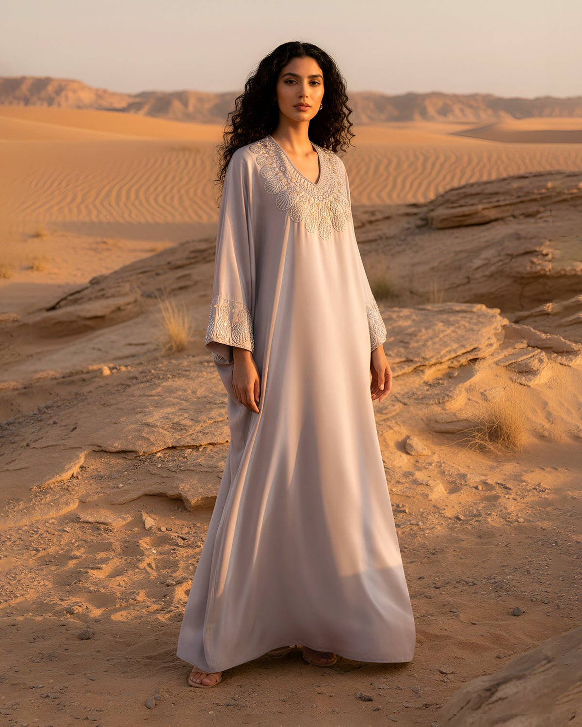 FEELITS MSL03 LumiFlow Satin Jalabiya – Teardrop Sequin Kaftan - FEELITS