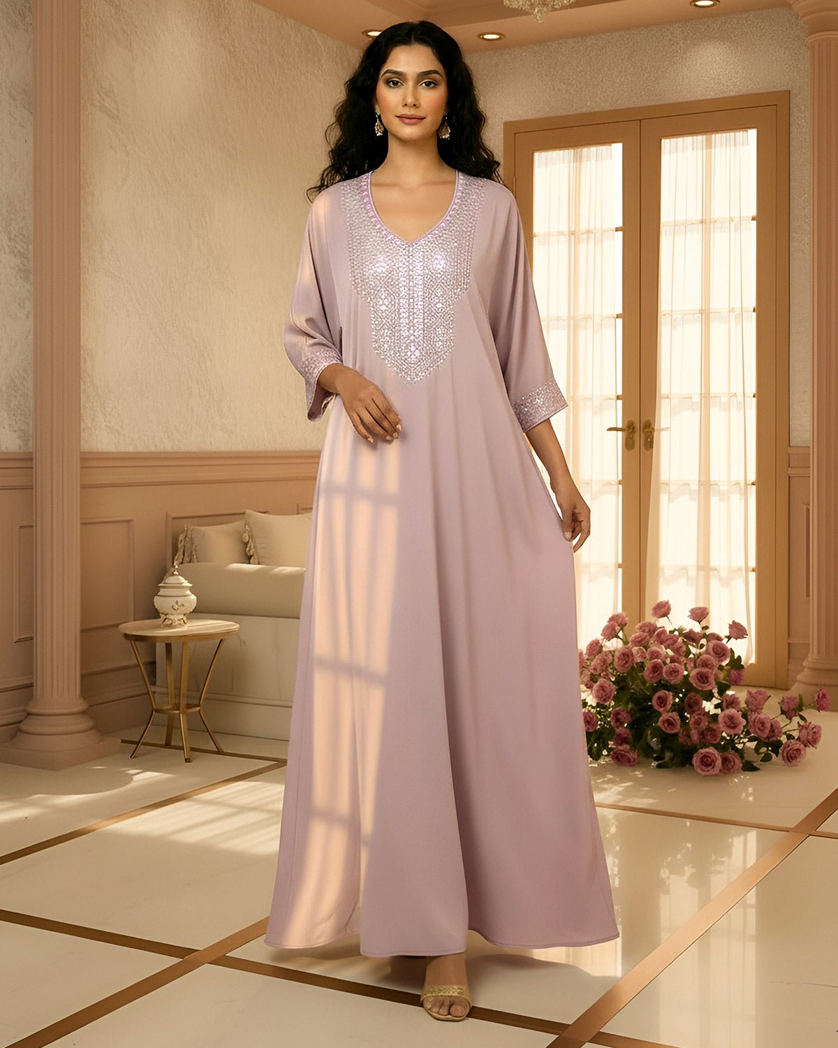 FEELITS MSL04 LumiFlow Satin Jalabiya – Rainbow Sequin Kaftan - FEELITS