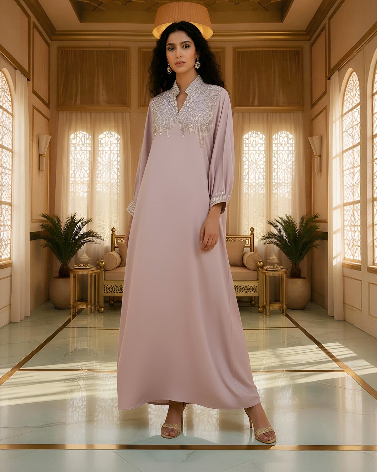 FEELITS MSL02 LumiFlow Farasha Jalabiya – Sequin Trim Satin Kaftan - FEELITS