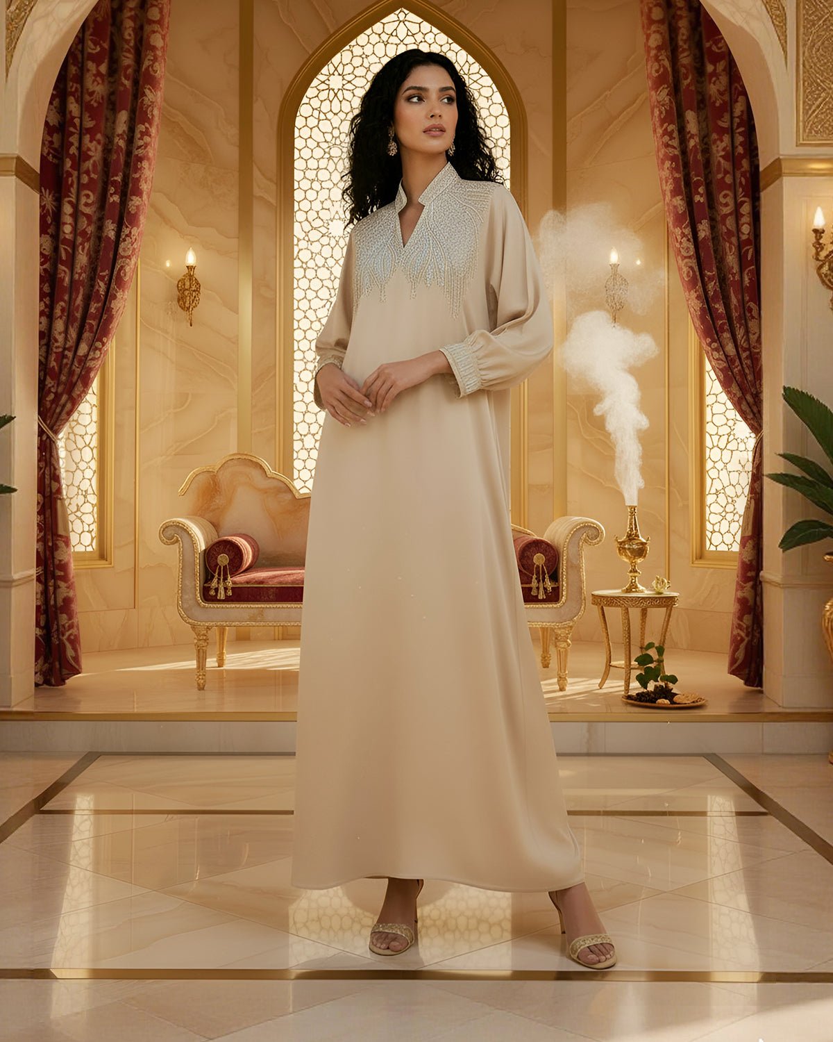 FEELITS MSL02 LumiFlow Farasha Jalabiya – Sequin Trim Satin Kaftan - FEELITS