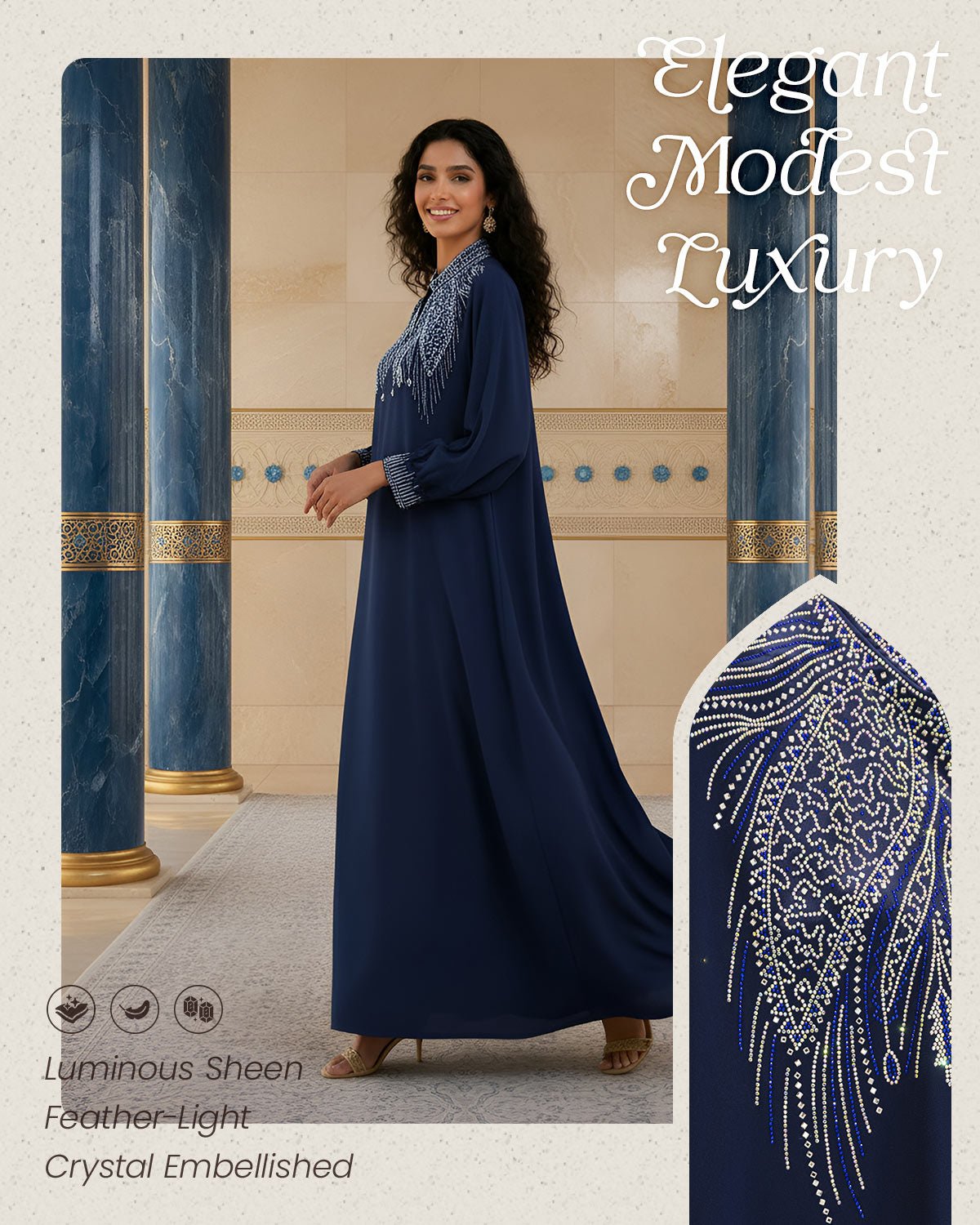 FEELITS MSL02 LumiFlow Farasha Jalabiya – Sequin Trim Satin Kaftan - FEELITS