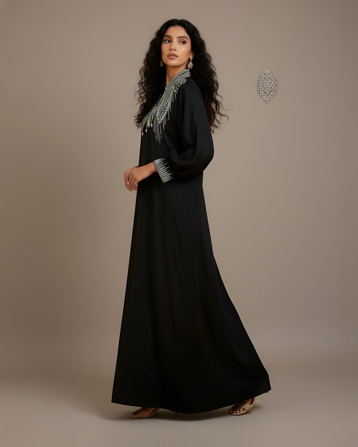 FEELITS MSL02 LumiFlow Farasha Jalabiya – Sequin Trim Satin Kaftan - FEELITS