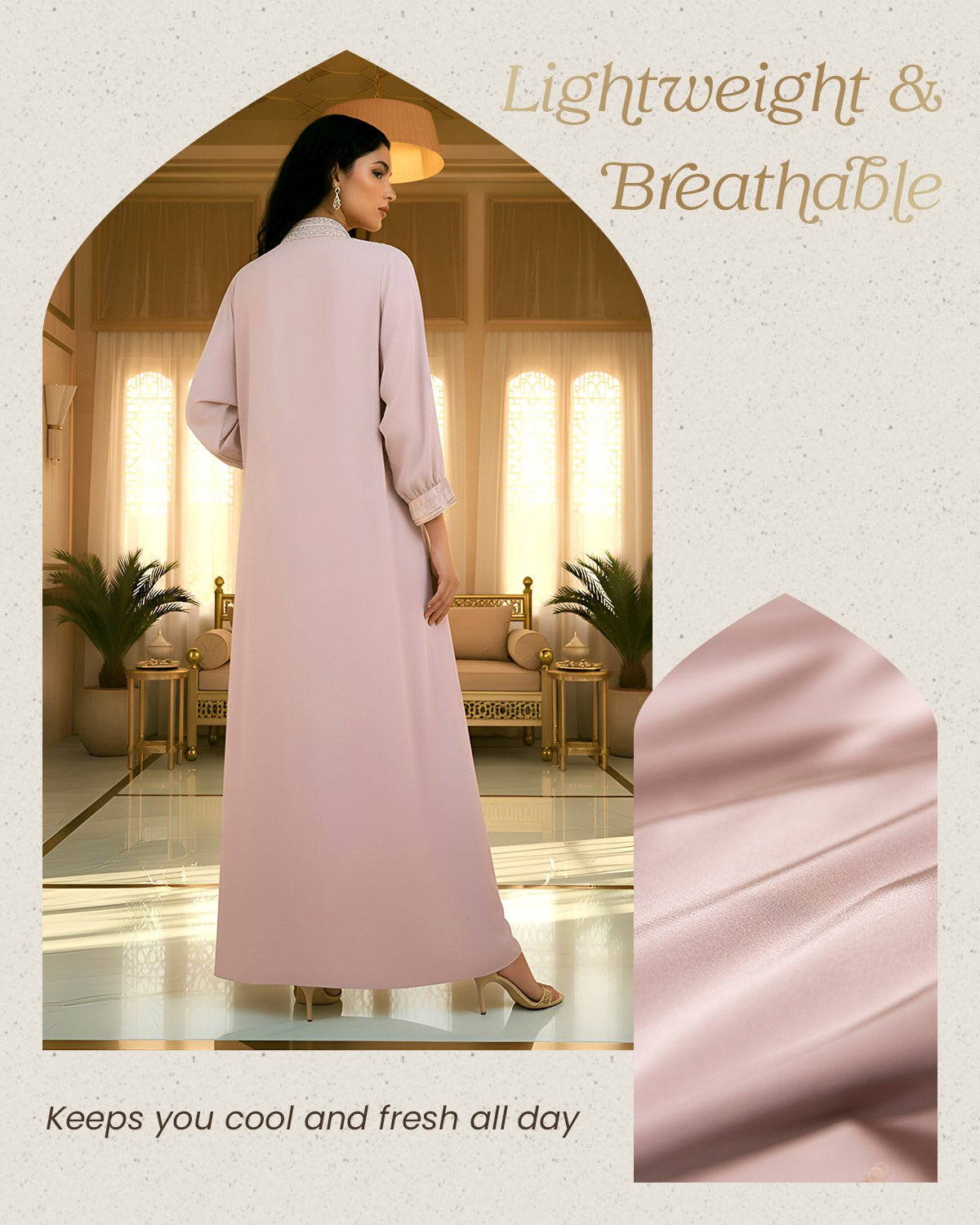 FEELITS MSL02 LumiFlow Farasha Jalabiya – Sequin Trim Satin Kaftan - FEELITS
