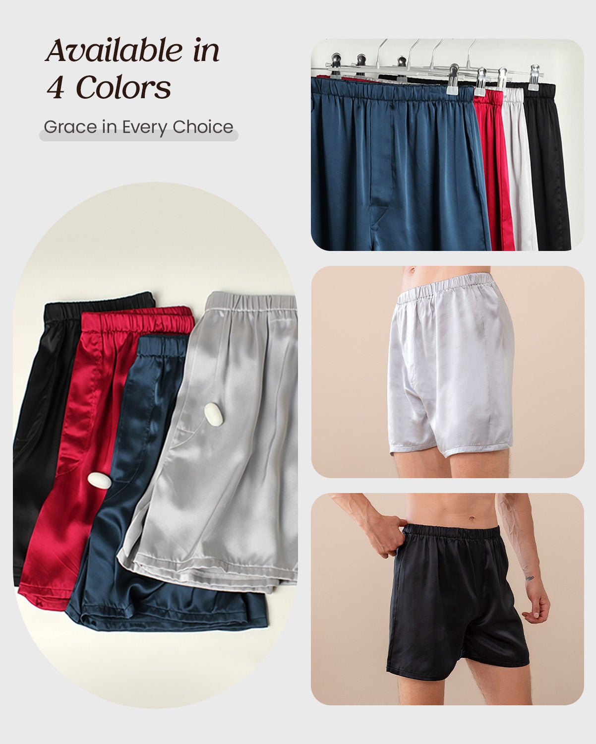 FEELITS Men's 100% Mulberry Silk Boxer Shorts - 22 Momme Silk Luxury Breathable Sleep Shorts for Nightwear, Beach, Travel - FEELITS