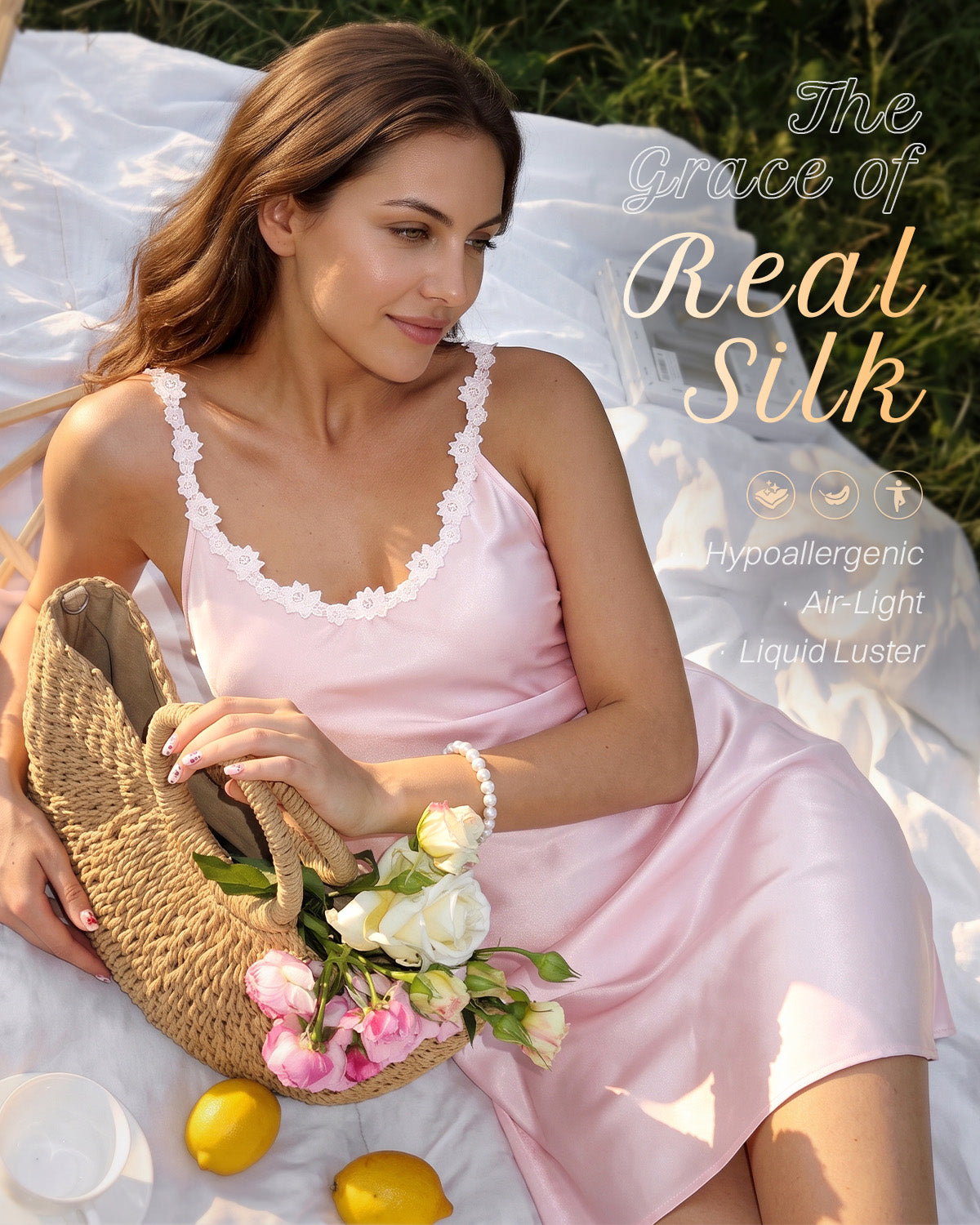 FEELITS NG02 Nachthemd aus Maulbeerseide, 22 Momme – Integrierte Brustpolster & florale Spitze