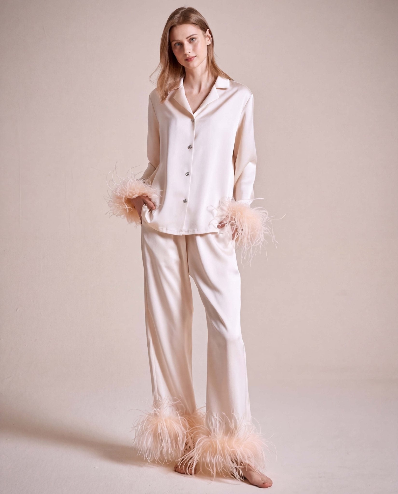 FEELITS PA05 Silk Pajama Set with Detachable Ostrich Feather Trim – 100% 19 Momme Mulberry Silk - FEELITS