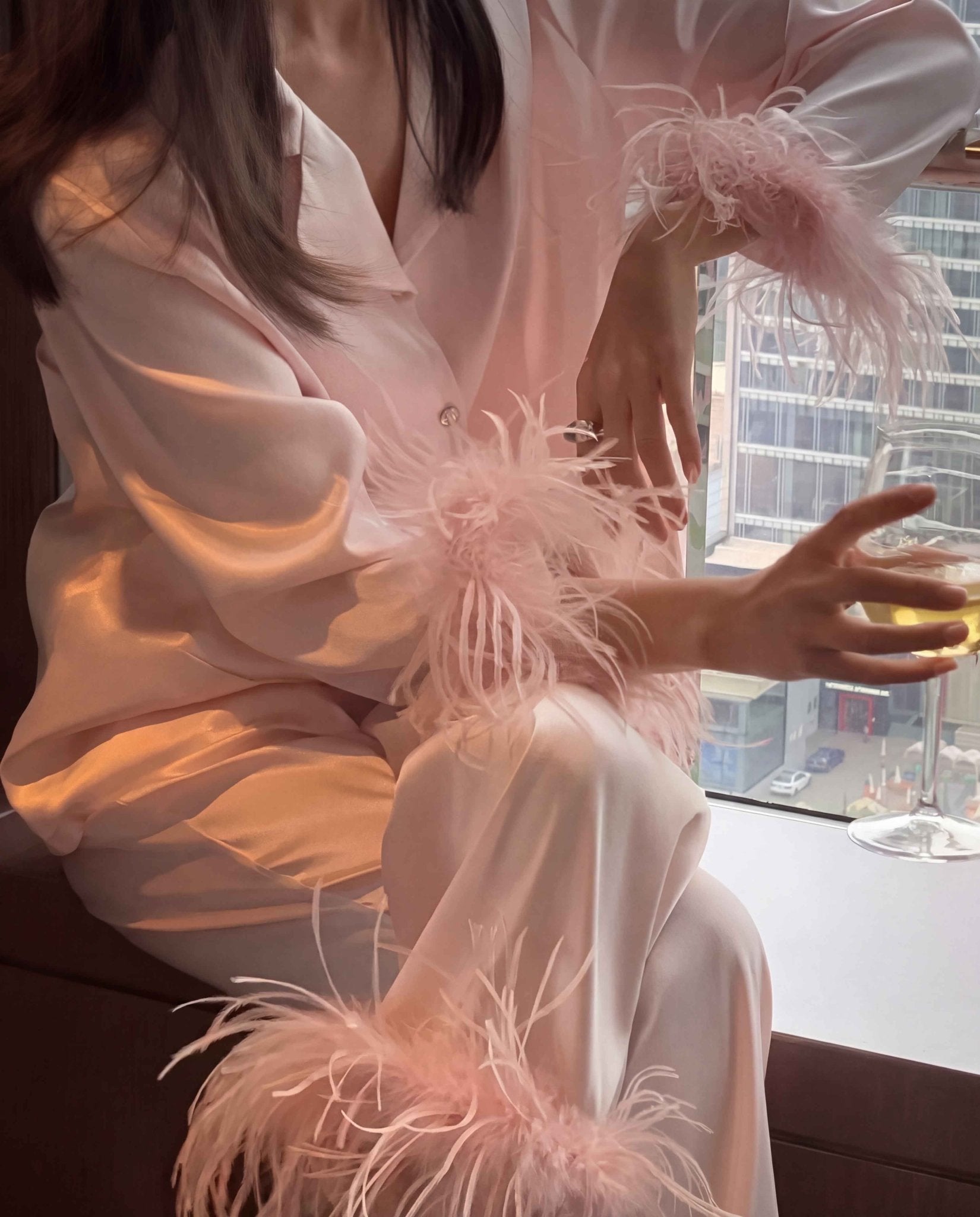 FEELITS PA05 Silk Pajama Set with Detachable Ostrich Feather Trim – 100% 19 Momme Mulberry Silk - FEELITS