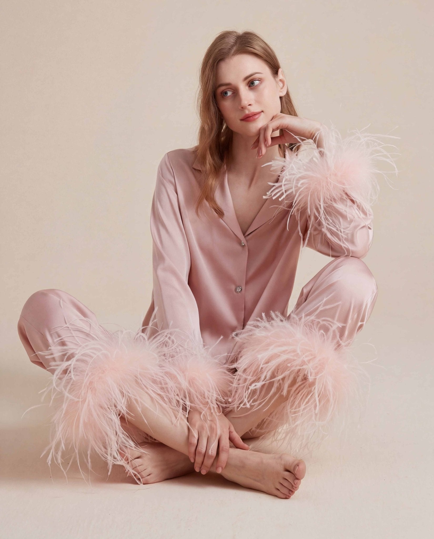 FEELITS PA05 Silk Pajama Set with Detachable Ostrich Feather Trim – 100% 19 Momme Mulberry Silk - FEELITS