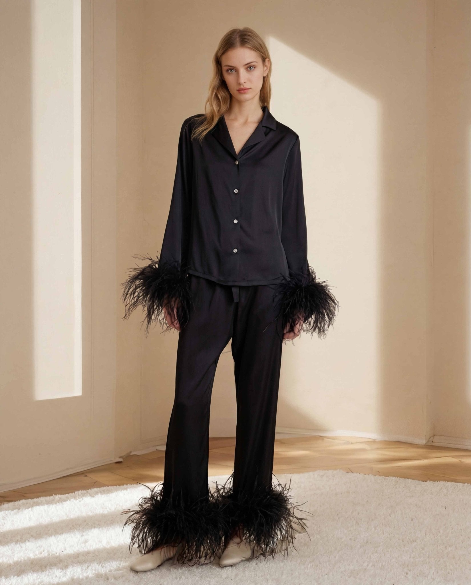FEELITS PA05 Silk Pajama Set with Detachable Ostrich Feather Trim – 100% 19 Momme Mulberry Silk - FEELITS