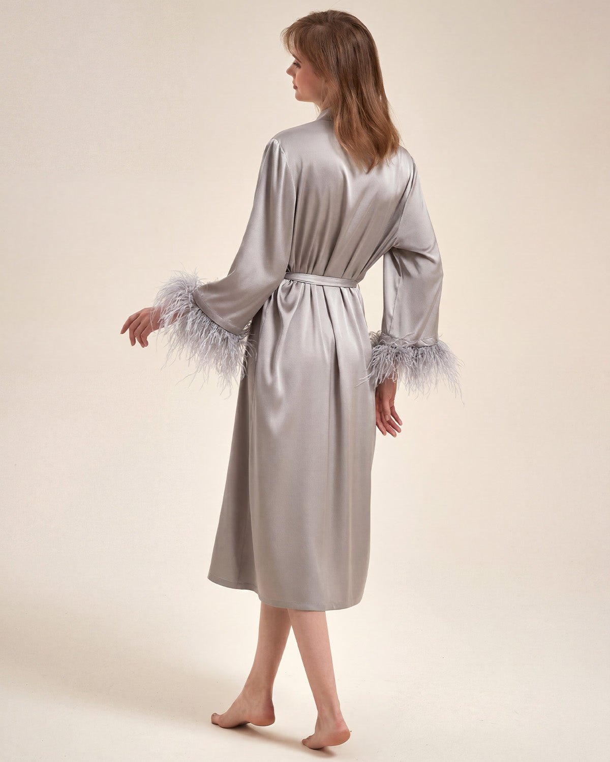 FEELITS PA15 Bridal Mulberry Silk Robe – Long Feather Trim Wedding Morning Robe - FEELITS